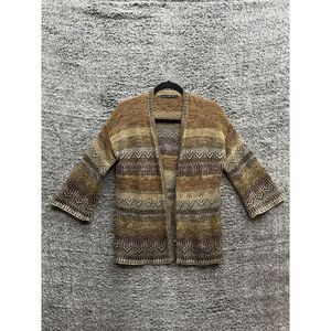 PERUVIAN CONNECTION Baby Alpaca Wool‎ cardigan Aztec Pattern Brown Multi Small